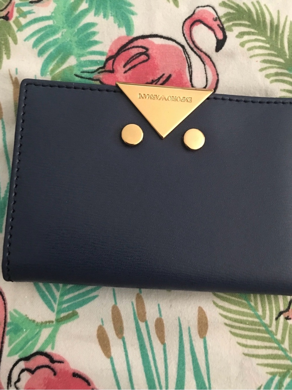 Emporio Armani Navy Leather Card & Key Holder with Gold Hardware